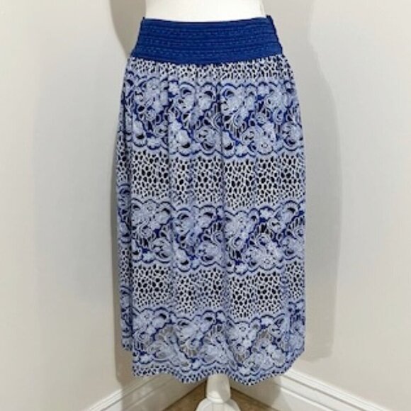 Me 2 Magic Blue & White Floral Midi A-Line Skirt Women's Size M - Picture 1 of 6